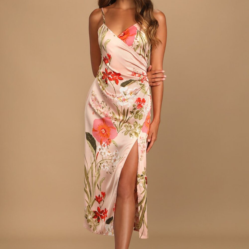 Lulus Remarkable Entrance Pink Floral Print Satin Midi Dress - Size S